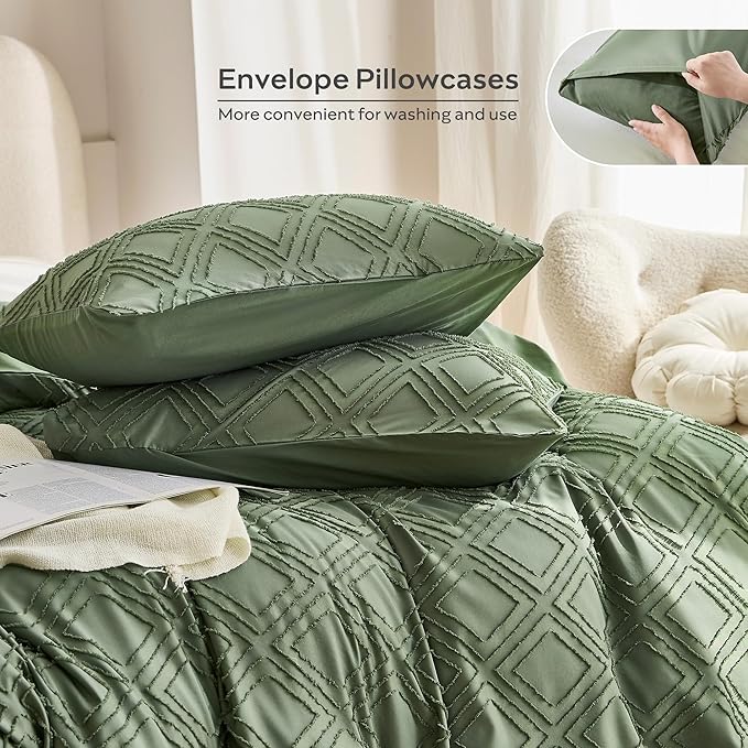 JELLYMONI Duvet Cover King Size Green - 3PCS Boho Duvet Cover Set Plaid Polyester Tufted Bohemian Jacquard Knit Textured Comforter Cover 104×90in Rhombic Geometric Pattern Zipper Corner Tie