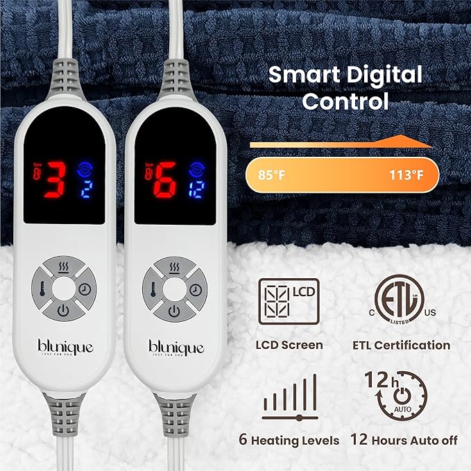 Heated Blanket Electric Blanket King Waffle,90x100 Inches Sherpa Fleece Fast Heating Blanket 6 Heating Levels & 10 Hours Auto Off ETL Certification, Navy King