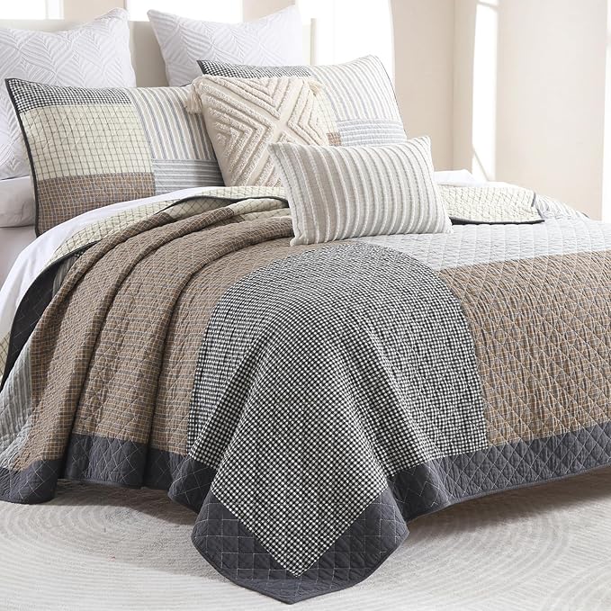 Real-Patchwork Plaid King Quilt - 100% Cotton Farmhouse Beige Brown Gray King Size Quilts Bedspread, Lightweight Reversible Quilted Coverlet Bedding Set for All Season, 3-Piece(98"x106")