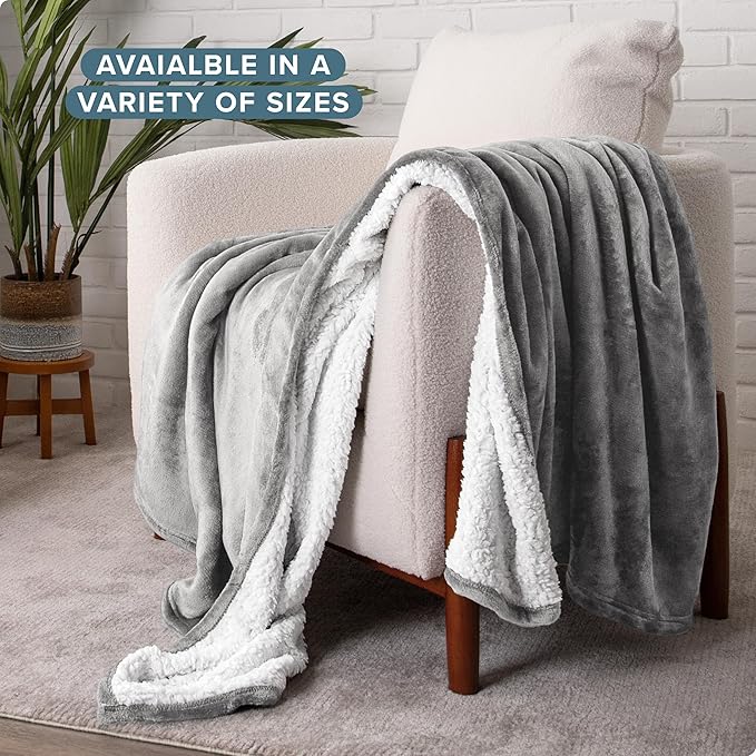 Bare Home Sherpa Fleece Blanket - King Size - Blanket for Bed, Sofa, and Couch - Warm & Lightweight - Fluffy & Soft - Reversible (King, Light Grey)