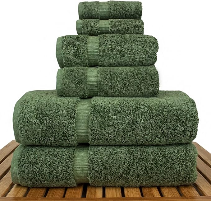 BC BARE COTTON Luxury Hotel & Spa Quality Collection, Highly Absorbent & Quick Dry 100% Turkish Cotton, 750+ GSM, Eco Friendly Towel, Dobby Border Towels (6 Piece, Moss)