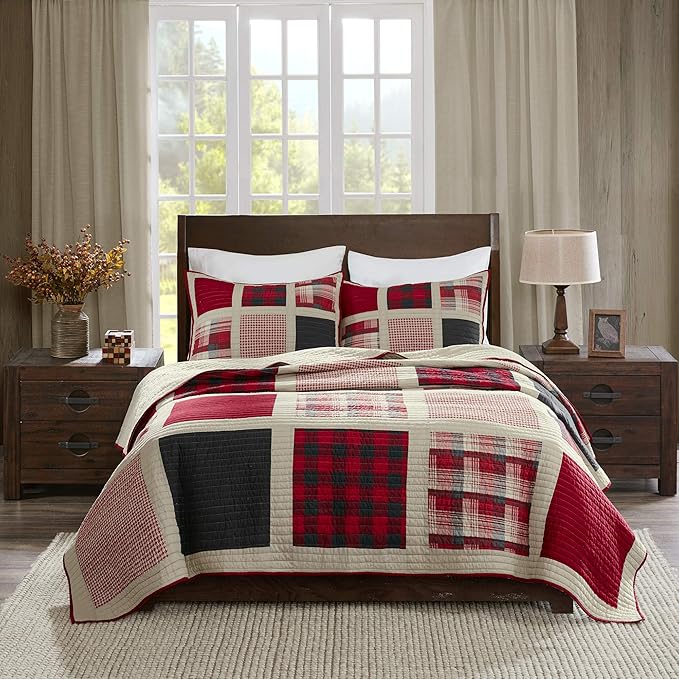 Woolrich Reversible Quilt Cabin Lifestyle Design - All Season, Breathable Coverlet Bedspread Bedding Set, Matching Shams, Oversized Full/Queen, Huntington Plaid Red, 3 Piece