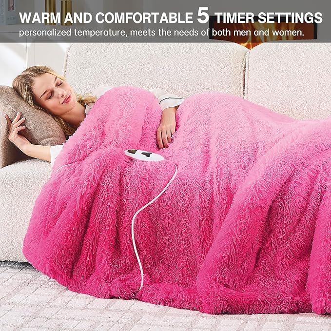 Heated Electric Blanket Throw,Warm Winter Birthday Gifts for Women Her Grandma-Faux Fur with Soft Sherpa,10 Heat Settings,5 Time Settings with Fast Heating, 50x60, Rose Red