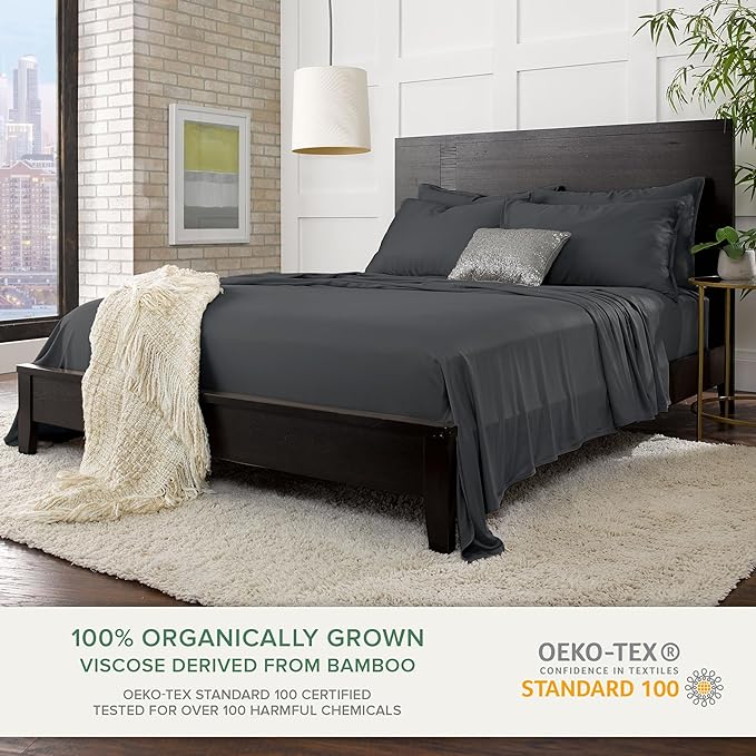 Twin Sheets by Pure Bamboo, Genuine 100% Organic Viscose Derived from Bamboo Bed Sheet Set, Luxuriously Soft & Cooling, Double Stitching, Lifetime Quality Promise (Twin, Charcoal)