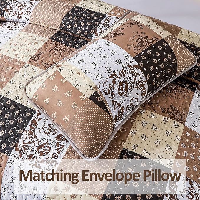 Mybedsoul Brown Quilt Set Twin Size, 2 Pieces Plaid Floral Bedspread Set Patchwork Reversible Bedding Set Microfiber Lightweight Bedspread Coverlet Set for All Season 68"x86"