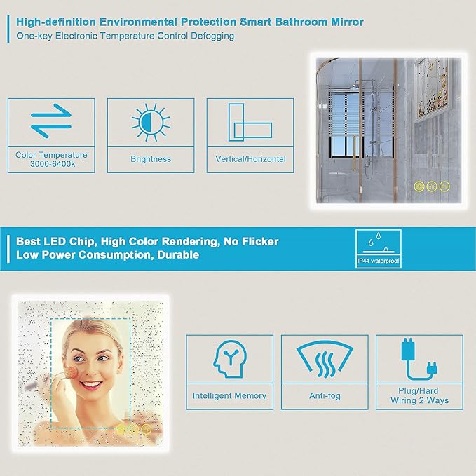 Wall-Mounted LED Square Bathroom Mirror, Makeup Mirror (36 inches x36 inches,) 3 Color Stepless Dimmable Memory Bathroom Vanity Mirror with Lights CRI90+ 3000-6400K Smart Mirror with Touch