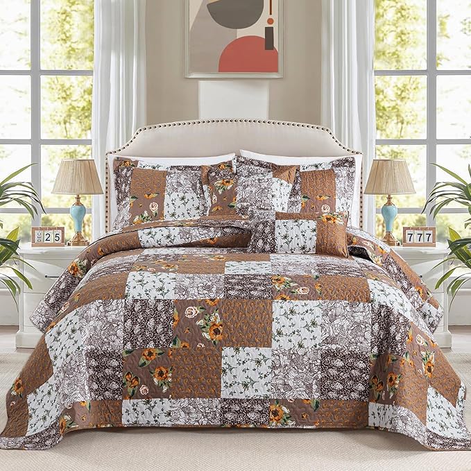 BEDIFANY Cotton Filling King Quilt Set - Reversible Farmhouse Bedspreads King Size with 2 Pillow Shams - Lightweight King Size Quilt Bedding Sets, 3 Pieces (98 x 106 inch)