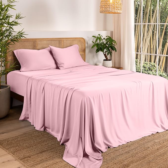 Bare Home 100% Rayon Made from Bamboo Split Head Flex King Sheet Set - 4 Piece Bedding Set - Deep Pockets - Breathable - Easy Fit - Bedding Sheets & Pillowcases (Split Head Flex King, Light Pink)