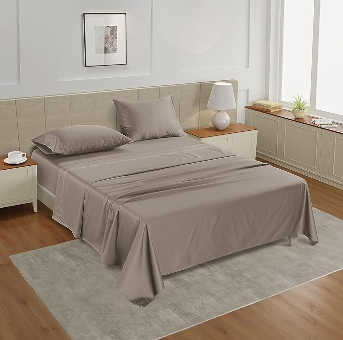 LANE LINEN Extra Large Twin Sheets – 450 Thread Count 100% Cotton, Naturally Cooling, Soft Sateen Sheets, 15” Deep Pocket Twin XL Bedding Set, Machine Washable, Taupe
