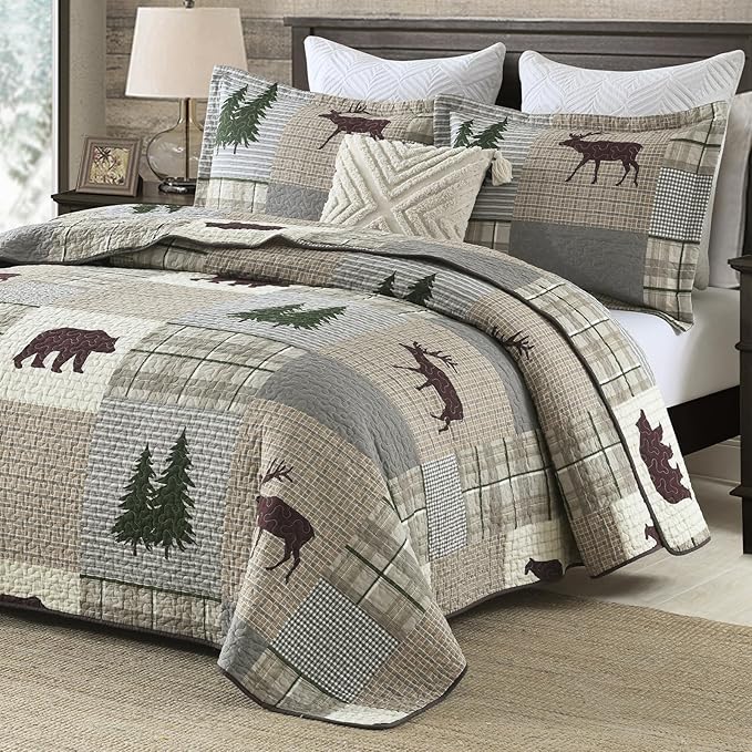 Quilt for Queen Bed - 100% Cotton Farmhouse Patchwork Plaid Cabin Queen Size Quilt Bedding Set, Brown Gray Green Animal Bear Deer Tree Lightweight Bedspread, 3-Piece for All Season (98"x90")