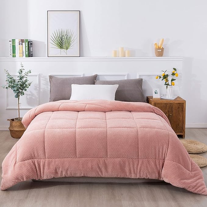 KASENTEX Super Ultra Soft Luxury Plush Sherpa Comforter, Cozy Reversible Fleece - Goose Down Alternative Fill, Machine Washable Bedding, Sunset Rose Pink, King Size