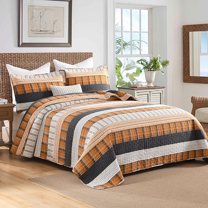 Homzard Queen Comforter Set，Cotton Quilts Queen Size，Caramel Orange Black Bedding，Plaid Striped Bedspread，Lightweight Reversible Bed Set 3 Pieces