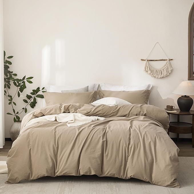 Linen Feel Duvet Cover King Size 104inch x 90inch,100% Washed Cotton Duvet Cover with Zipper Closure and 2 Pillowcases, Color of Mocha Brown