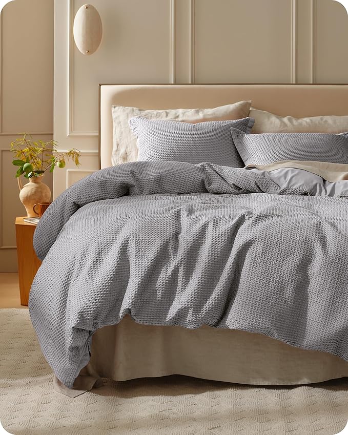 Bedsure Cotton Duvet Cover Queen - 100% Cotton Waffle Weave Grey Duvet Cover Queen Size, GentleSoft™ and Breathable Bedding Set for All Season, 3 Pieces, 90"x90"