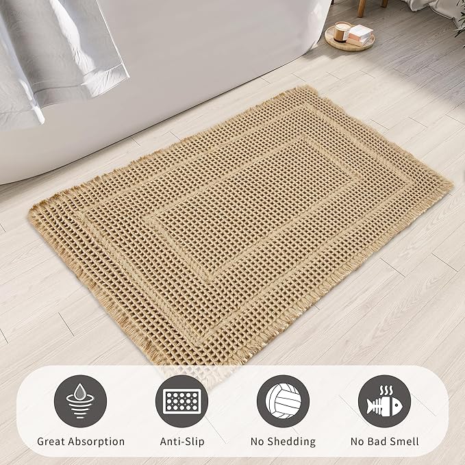 Bath Rugs Mat,Upgraded Waffle Bath mat,Super Absorbent Non Slip Bath Rugs,Machine Washable Rugs for Shower romm, Rubber Backing Boho Mats, Ultra Soft,Brown,17"*24"