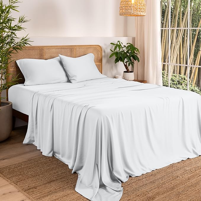 Bare Home 100% Rayon Made from Bamboo Luxury Split King Sheet Set - 5 Piece Bedding Set - Deep Pockets - Cooling Sheets - Breathable - Easy Fit - Soft Bedding Sheets & Pillowcases (Split King, White)