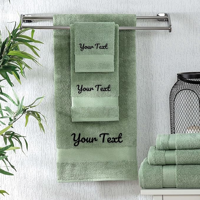 Personalized Towels - Customized Turkish Cotton Towel Set, Monogrammed Towels with Initials, Name & Embroidery, Idea (Green, 6 Piece Towel Set)