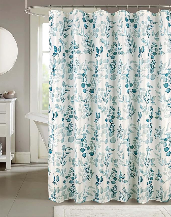 Serafina Home Hotel Quality Fabric Bathroom Shower Curtain: Floral Leaf Damask - Teal, Green and White (72 x 70 inches)