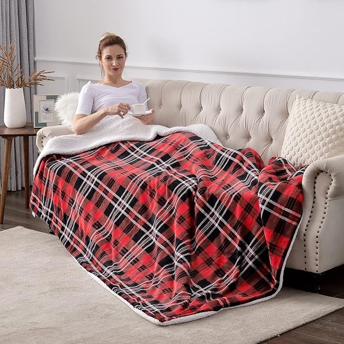 SOCHOW Sherpa Plaid Fleece Throw Blanket, Double-Sided Super Soft Luxurious Bedding Blanket 90 x 90 inches, Red/Grey