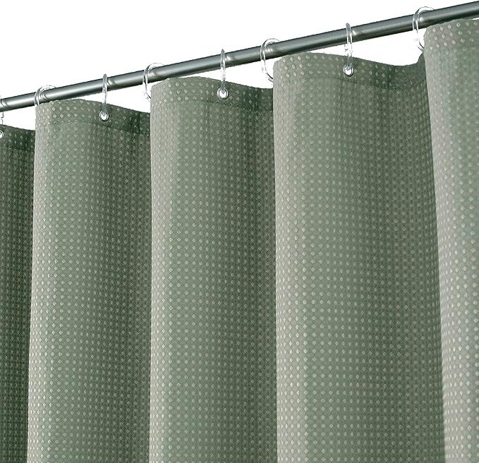 Short Waffle Weave Fabric Shower Curtain 66 inch Long , Hotel Luxury Spa, 230 GSM Heavy Duty, Water Repellent, Machine Washable, Sage Green Pique Pattern Decorative Bathroom Curtain, 71x66