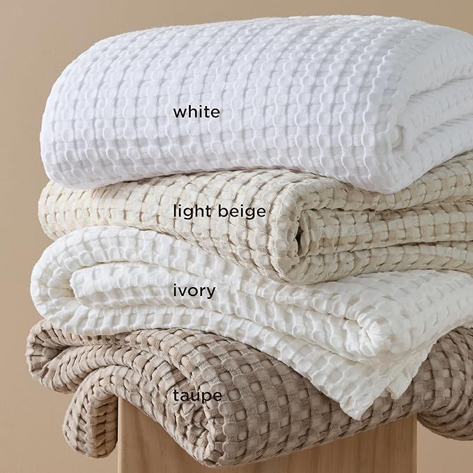 Bedsure Cooling Cotton Waffle Throw XL Blanket - Lightweight Breathable Blanket of Rayon Derived from Bamboo for Hot Sleepers, Light Beige, 50x70 Inches