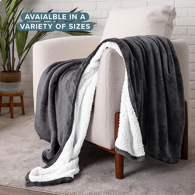 Bare Home Sherpa Fleece Blanket - Throw/Travel Size - Blanket for Bed, Sofa, and Couch - Warm & Lightweight - Fluffy & Soft - Reversible (Throw/Travel, Forged Iron Grey)