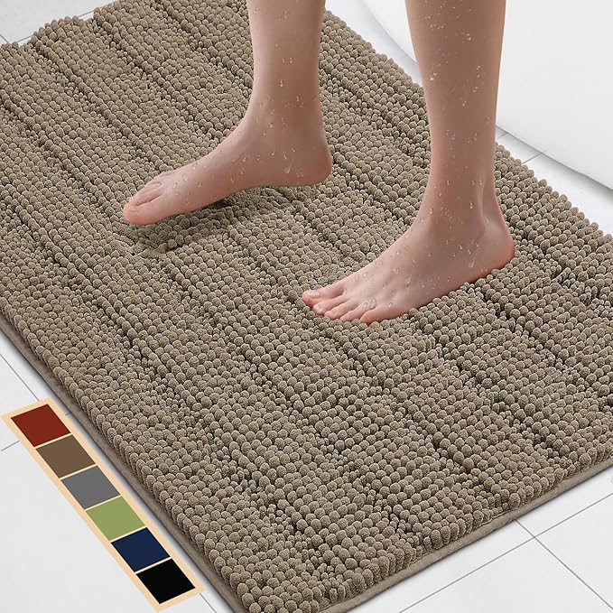 Bcoimo 36"×24" Chenille Bath Mat – Non-Slip with Backing Bath Rug Ultra-Absorbent and Machine Washable Bathroom Mat Quick-Dry Design. Ideal for Bathroom and Tub Areas