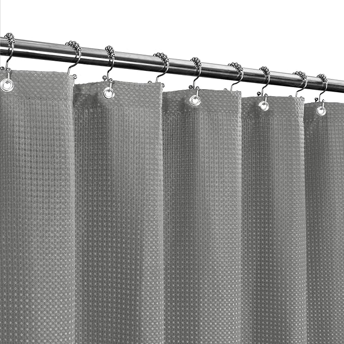 Barossa Design Long Fabric Waffle Weave Shower Curtain 75 inch Height, Hotel Luxury Spa, 230 GSM Heavy Duty, Water Repellent, Machine Washable, Gray Pique Pattern, 71x75