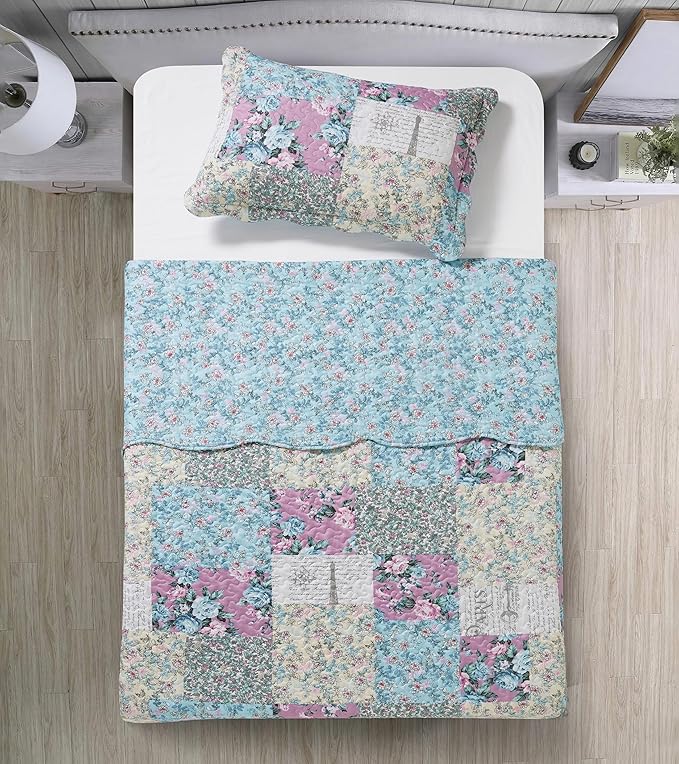 Brilliant Sunshine Lilac Rose Toile Quilt Set, 2-Piece Bedding Sets, Traditional Lively Patchwork Design, Washable, Reversible Bedspread, Soft Lightweight Coverlet, All-Season, Twin/Twin XL, Egg Blue