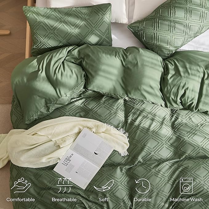 JELLYMONI Duvet Cover Queen Size Green - 3PCS Boho Duvet Cover Set Plaid Polyester Tufted Bohemian Jacquard Knit Textured Comforter Cover 90×90in Rhombic Geometric Pattern Zipper Corner Tie