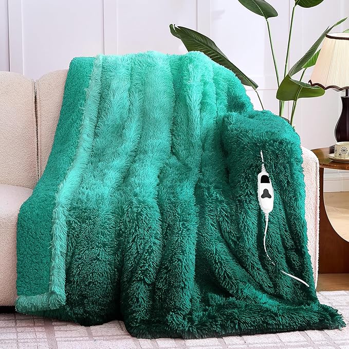 Heated Electric Blanket Throw–Faux Fur with Soft Thick Sherpa,Warm Winter Birthday Gifts for Women Grandma10 Heat Settings,5 Time Settings with Fast Heating, 50x60, Forest Mist