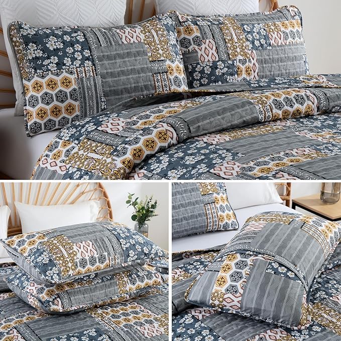 Mybedsoul Dark Grey Quilt Set King Size, 3 Pieces Plaid Floral Bedspread Set Patchwork Reversible Bedding Set Microfiber Lightweight Bedspread Coverlet Set for All Season 110"x90"