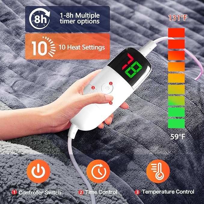 greenoak Heated Electric Blanket Throw, Faux Fur Sherpa Heating Blanket for Sofa Bed, Warm Winter Gift for Dad/Grandma, Heater Lap Blankets 5-Position Timer &10 Heating Levels 84''*90" Marble Grey