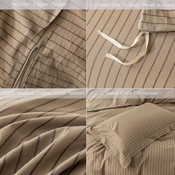 Stripe Duvet Cover King Size 104inch x 90inch,100% Washed Cotton Pinstripe Duvet Cover with Zipper Closure and 2 Pillowcases, Color of Light Camel-Black Stripe