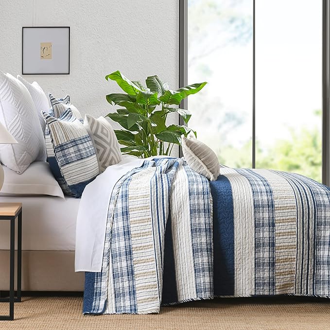 Homzard California King Size Comforter Set,100% Cotton Oversized Plaid Striped California Quilt Set, Blue White Tan Bedding Sets (118 * 106 Inch) with 2 Pillow Shams, Farmhouse Reversible Bedspread