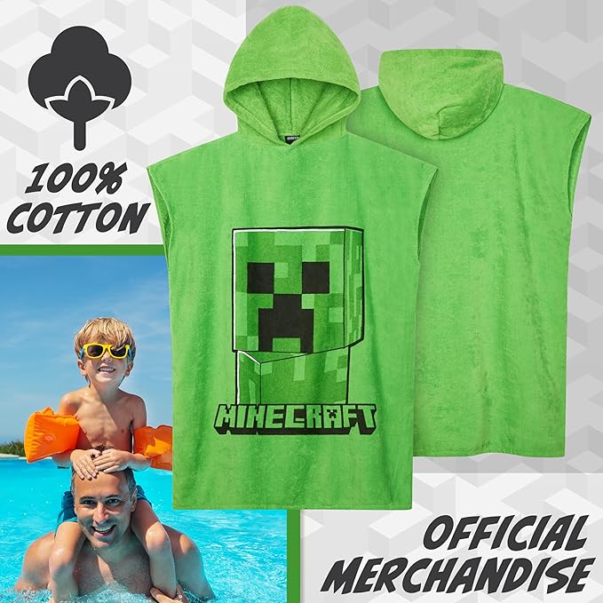 Minecraft Towelling Poncho Kids Teens Hooded Bath Towels Absorbent Beach Towel (Green, 6-9 Years)