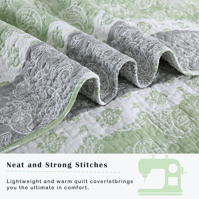 Quilts Queen Size, Cotton Comforter Set, Sage Green Bedding Queen Size, Farmhouse Striped Bedspreads, Lightweight All Seasons 3 Piece