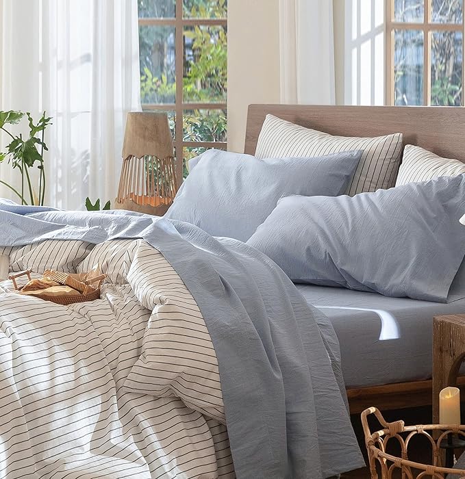 MooMee Bedding Sheet Set 100% Washed Cotton Linen Like Textured Breathable Durable Soft Comfy (Heathered Cornflower Blue, Twin)
