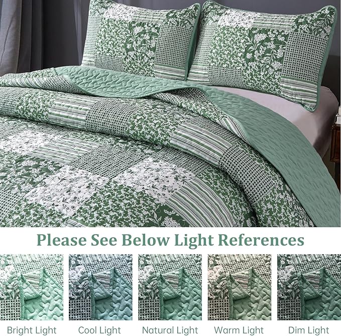 Mybedsoul Green Quilt Set Twin Size, 2 Pieces Plaid Floral Bedspread Set Patchwork Reversible Bedding Set Microfiber Lightweight Bedspread Coverlet Set for All Season 68"x86"