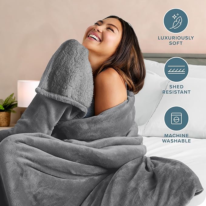 Bare Home Sherpa Fleece Blanket - Twin/Twin Extra Long - Blanket for Bed, Sofa, and Couch - Warm & Lightweight - Fluffy & Soft - Reversible (Twin/Twin XL, Grey with Grey Sherpa)