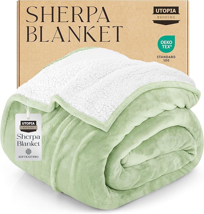 Utopia Bedding Sherpa Blanket Queen Size (Sage Green, 90x90 Inches) - Soft Lightweight Plush Fleece Reversible Blanket for Bed, Sofa, Couch, Camping and Travel