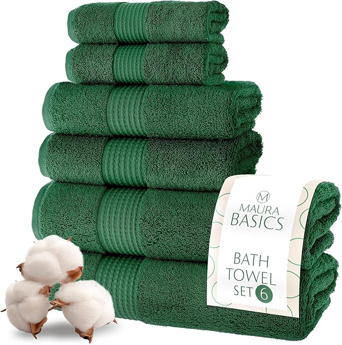 MAURA Basics Bath Towel Sets for Bathroom with Hanging Hook Loops. 2 Bath Towels, 2 Hand Towels, 2 Washcloths, Soft, Durable, Long Lasting and Absorbent Towels Set, Hunter Green