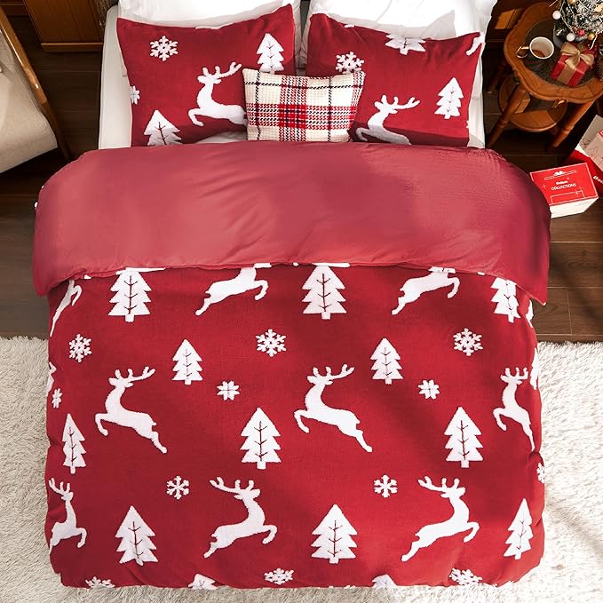 Bedsure Fluffy Christmas Duvet Cover Set - Ultra Soft Plush Shaggy Comforter Cover Queen Size, Warm Flannel Fleece Bed Sets for Winter, 3 Pieces, Reindeer Pattern, Red