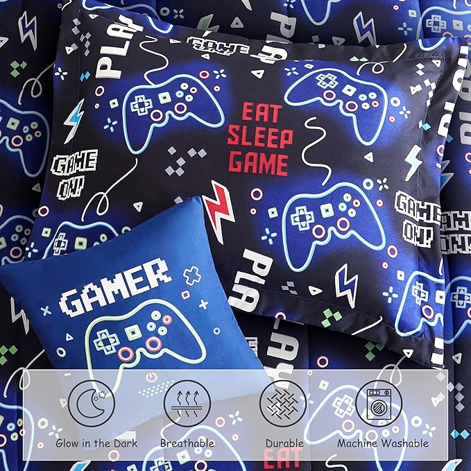 Full Size Comforter Set for Boys-4 Pieces Gamer Glow in The Dark Full Bedding Sets for Kids, 1 Comforter, 2 Shams and 1 Decor Pillow