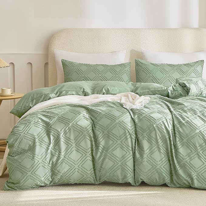JELLYMONI Duvet Cover King Size Light Green - 3PCS Boho Duvet Cover Set Plaid Polyester Tufted Bohemian Jacquard Knit Textured Comforter Cover 104×90in Rhombic Geometric Pattern Zipper Corner Tie