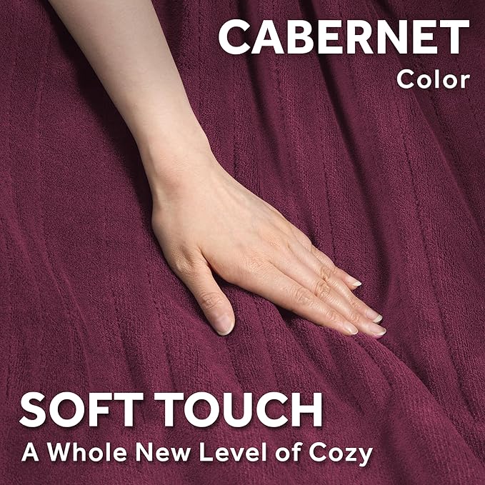 Sunbeam Electric Royal Luxe Microplush Heated Blanket, 12 Heat Settings, 12-Hour Auto Shut-Off, Fast Heating, Warm & Cozy, Machine Washable, Cabernet Color, Twin (84" x 62")