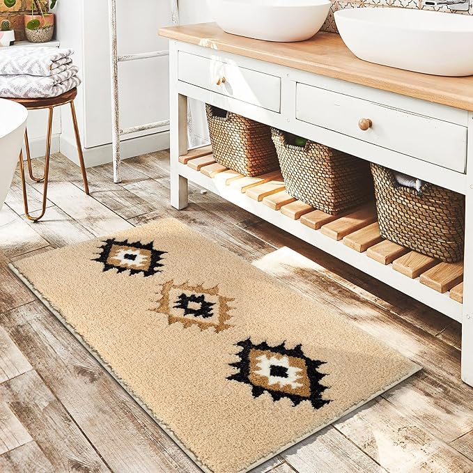 DEXDE Bathroom Rugs 24x36 Boho Cream Beige Bath Mat Non Slip Western Geometric Bath Rug Luxury Soft Absorbent Carpet for Bathroom Shower Kitchen Entryway Farmhouse Neutral Decor