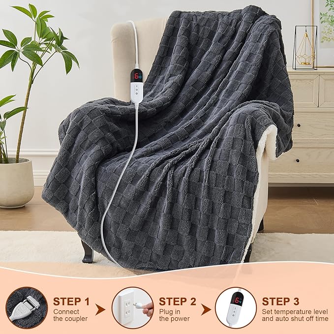 Electric Heated Blanket Twin Size - Jacquard Checkered Sherpa 62"x84" Fast Heating Bed Blankets with 6 Heating Levels & 10 Hours Auto Off, Over-Heat Protection ETL, Dark Gray