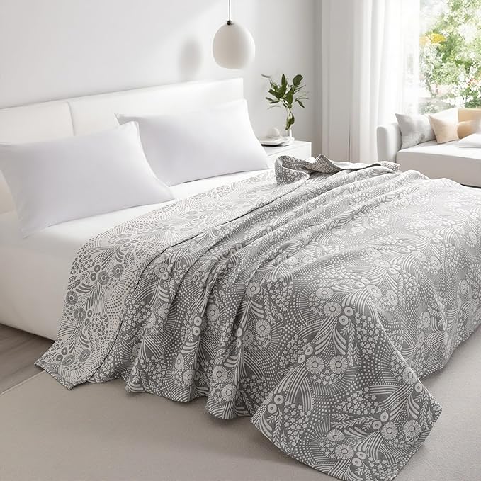 NTBAY 3 Layers Cotton Muslin 88x92 Queen Bed Blanket, Super Soft Breathable Thermal Yarn Dyed Quilt for Adults, Perfect Lightweight Blanket for Couch Sofa Bed All Seasons, Grey Star and Wheat