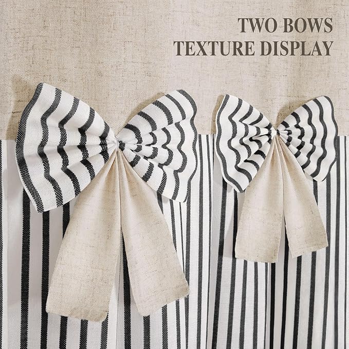 Farmhouse Shower Curtain Linen Bow Woven Fabric Country Rustic Western, Pleated Black Stripe 72" W x 72" L